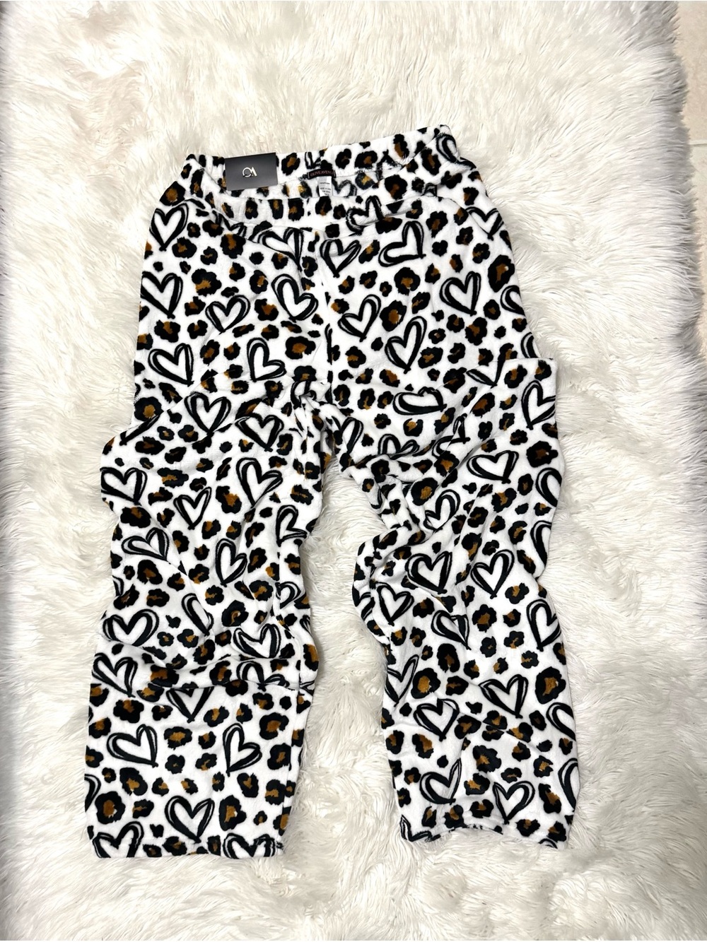 Heart & Leopard Print Lounge Pants - White with Black & Brown